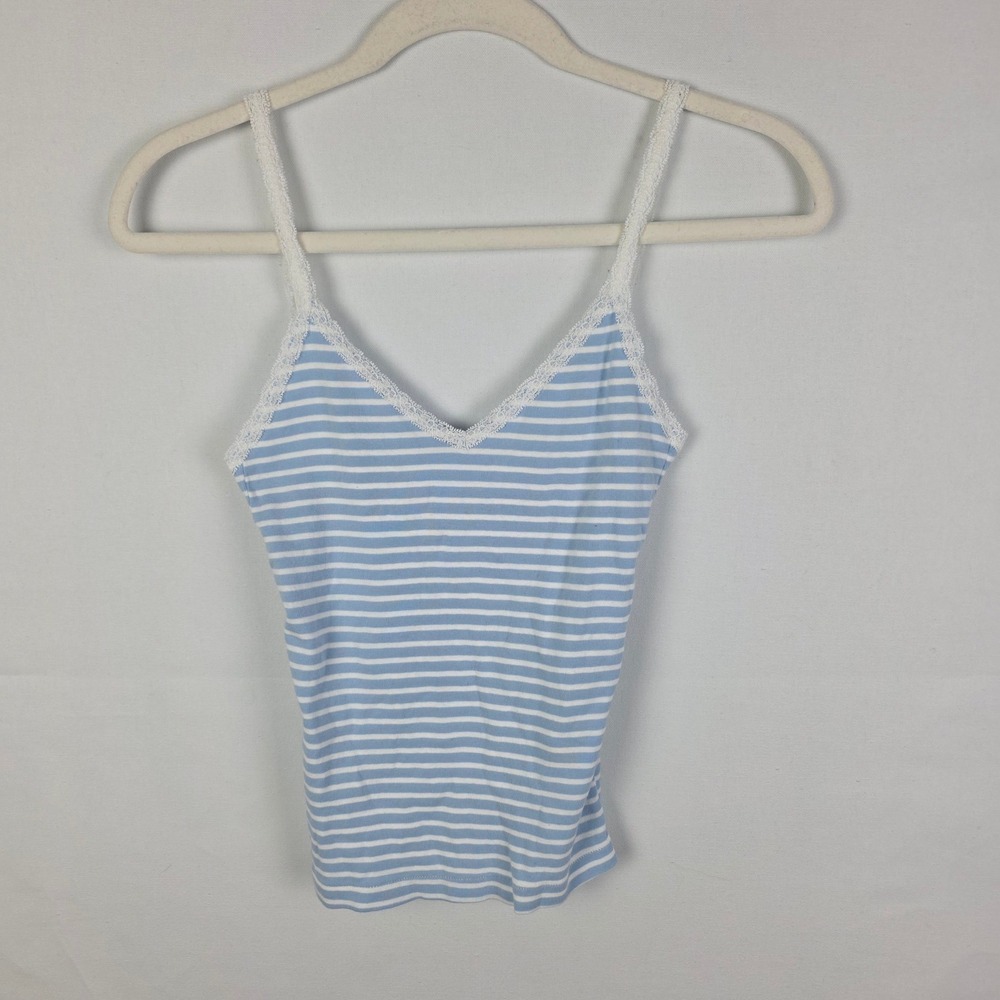 Brandy Melville Blue White Striped Lace Trim Cami Tank Top One Size Italy Cotton